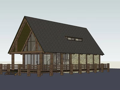 Modern Rustic Detached House With Wooden Structure Black Roof And Railed Porch 3d model