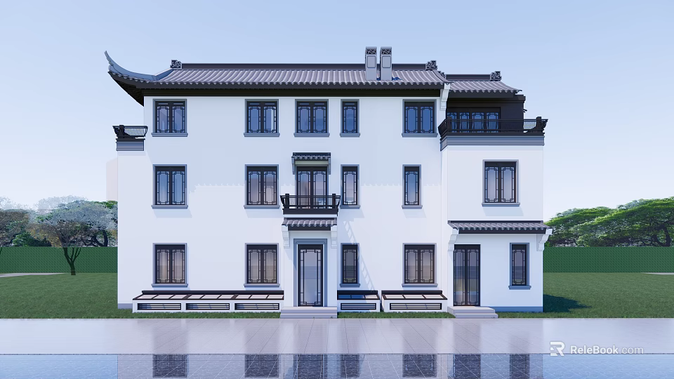 Traditional Chinese Detached Villa with Sloped Roof White Walls Black Tiles and Elegant Entrance Design 3d model 