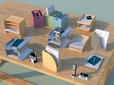 Colorful Office Desk Organizers On Wooden Table With Document Trays And Paper Holders 3d model