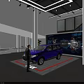 Modern Car Showroom With Two Cars On Platform And Large Background Screen
