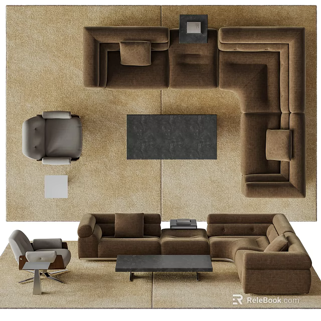 Modern L Shaped Sofa And Coffee Table Set With Brown Fabric And Black Tabletop 3d model