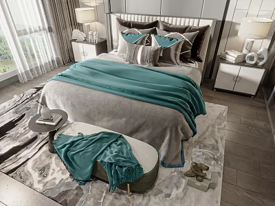 Double Bed With Teal Blanket Gray Bedding Pillows Nightstands And Table Lamps 3d model