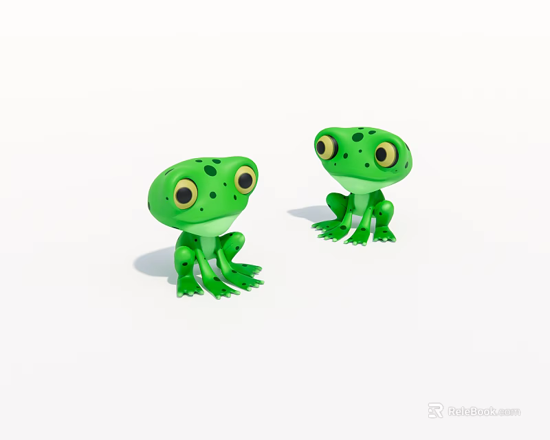 Cute Green Frogs With Big Eyes In Cartoon Style On White Background 3d model 