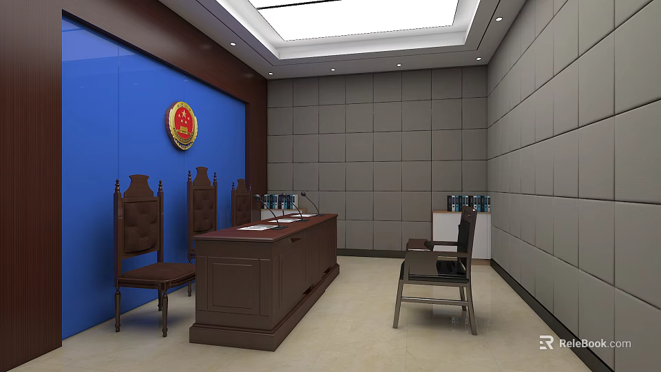 Contemporary Monitoring Room Interior Featuring Blue Gray Walls Badge Brown Desk Chairs And Ceiling Lights 3d model 