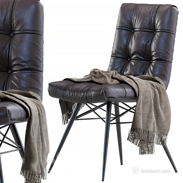 Black Leather Lounge Chair With Tufted Design And Gray Blanket On Metal Legs 3d model 
