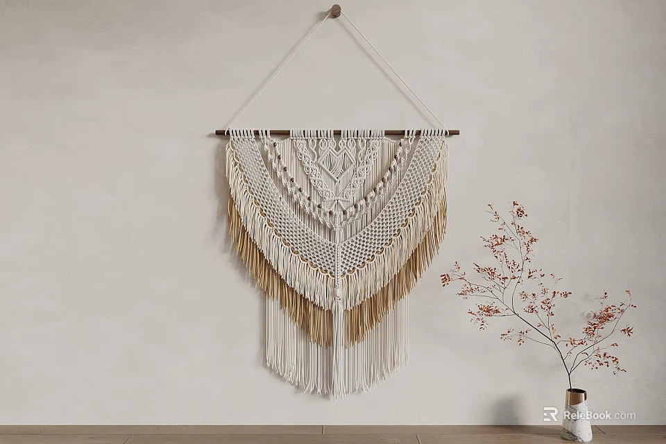 Cream And Gold Macramé Wall Hanging With Tassels And Decorative Branch 3d model 