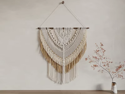 Cream And Gold Macramé Wall Hanging With Tassels And Decorative Branch 3d model