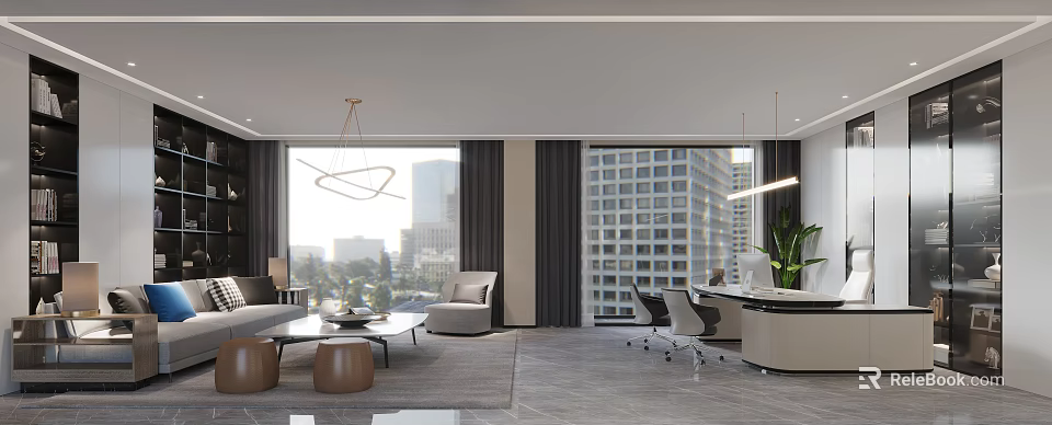 Modern office space with large windows city view comfortable seating and functional workstations 3d model