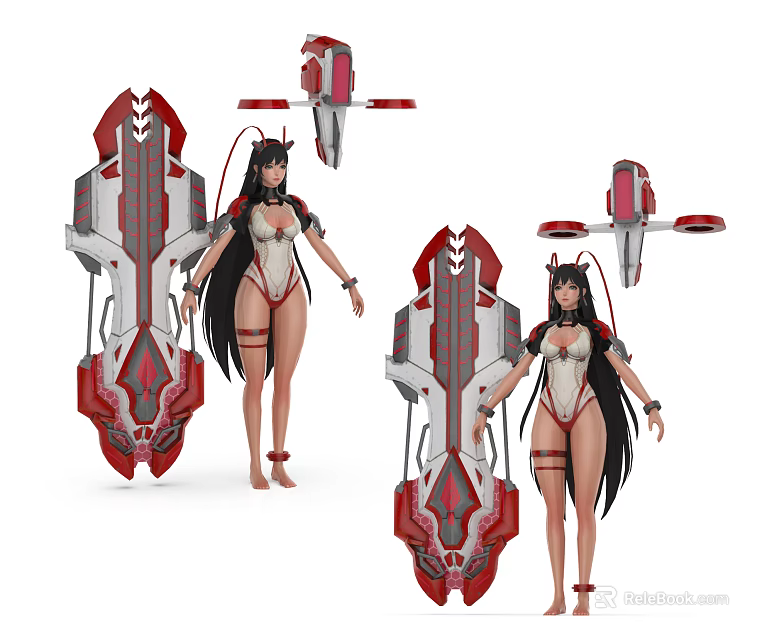 Game Movie Character Female With Long Black Hair And White Red Mechanical Outfit 3d model 