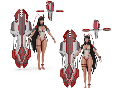 Game Movie Character Female With Long Black Hair And White Red Mechanical Outfit 3d model