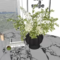 Black Vase With White Green Flowers On Marble Tabletop With Books And Candles