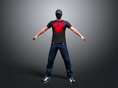 3D Character Model In Black T Shirt With Red Spider Design And Masked Face 3d model