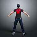 3D Character Model In Black T Shirt With Red Spider Design And Masked Face