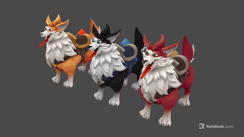 Colorful Cartoon Dog Characters With Different Colored Fur And Decorative Backpacks 3d model 