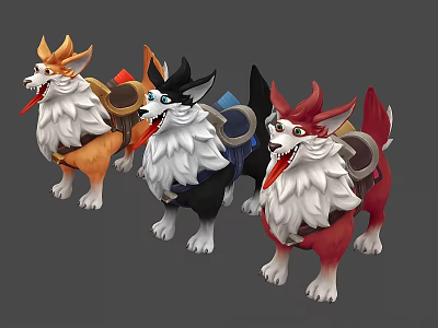 Colorful Cartoon Dog Characters With Different Colored Fur And Decorative Backpacks 3d model