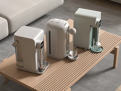 Three Modern Kitchen Appliances On Wooden Table With Glass Cups 3d model