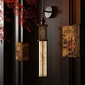 Chinese Style Wall Lamp With Metal Frame Marble Column Red Maple Leaves And Traditional Paintings