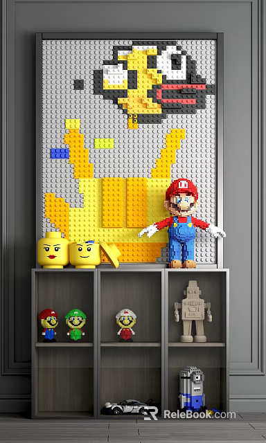 Building Block Wall Display with Yellow Gray Pattern Mario Figure Shelf Head and Robot Models 3d model 