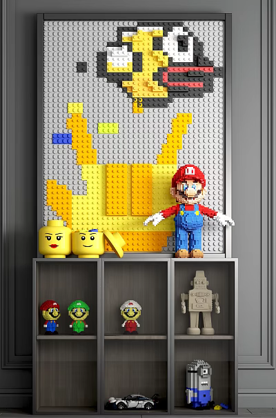 Building Block Wall Display with Yellow Gray Pattern Mario Figure Shelf Head and Robot Models 3d model