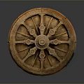 Ancient Wooden Wheel With Intricate Carved Spokes And Decorative Design