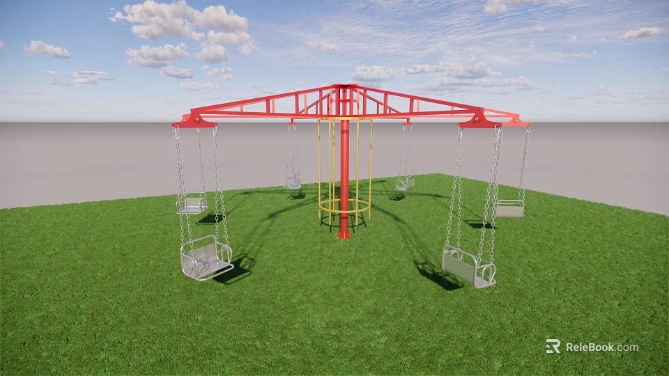 Outdoor Playground Swing Set With Red Frame Metal Seats On Green Grass 3d model 