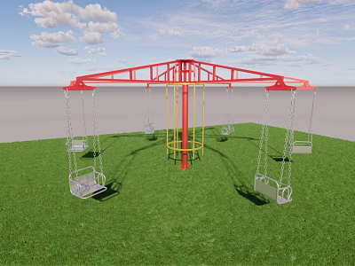Outdoor Playground Swing Set With Red Frame Metal Seats On Green Grass 3d model