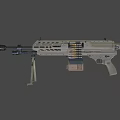 Modern Military Machine Gun with Sand Colored Body Tripod Stand and Ammunition Belt