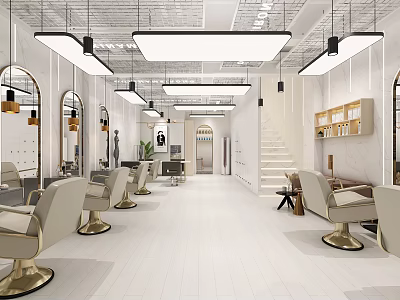 Modern Beauty Salon Interior Design With Stylish Chairs Mirrors Pendant Lights And Staircase 3d model