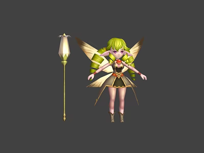 Game Movie Character Green Haired Fairy With Butterfly Wings And Magic Staff 3d model