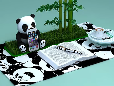 Panda Themed Decor With Doll Smartphone Bamboo Grass Open Book Pen And Coffee Cup 3d model