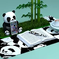 Panda Themed Decor With Doll Smartphone Bamboo Grass Open Book Pen And Coffee Cup