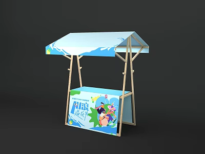 Outdoor Vendor Stall With Blue Canopy Display Sign Featuring Colorful Cartoon Characters 3d model