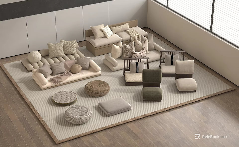 Neutral Tones Modern Living Room Setup With Sofa Armchairs Floor Cushions And Ottomans 3d model 