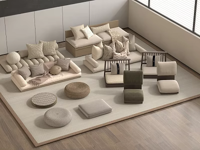 Neutral Tones Modern Living Room Setup With Sofa Armchairs Floor Cushions And Ottomans 3d model