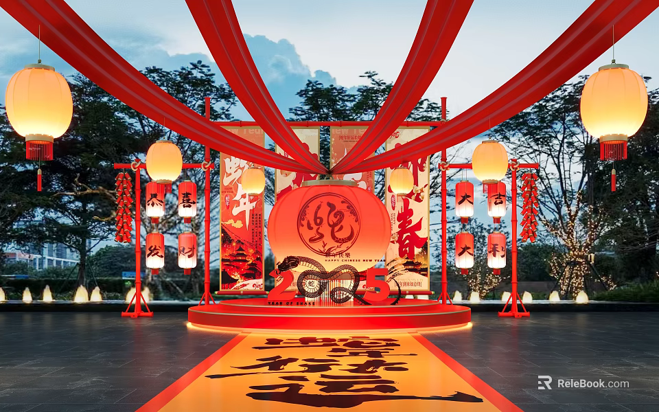 Vibrant Traditional Festival Stage With Red Ribbons Lanterns And Fu Chun Characters 3d model 