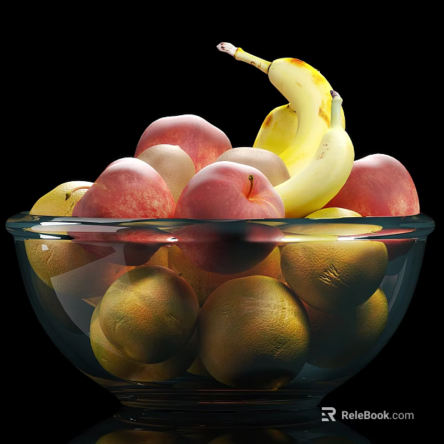 Fresh Fruits Assortment with Peaches Bananas and Grapefruits in Clear Glass Bowl on Black Background 3d model 