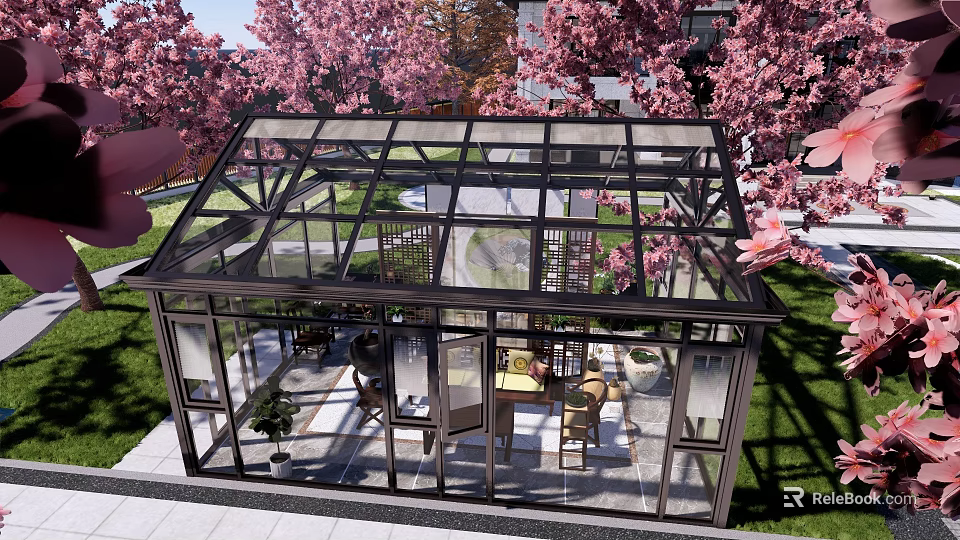 Glass House With Cherry Blossom Trees And Indoor Outdoor Furniture 3d model 