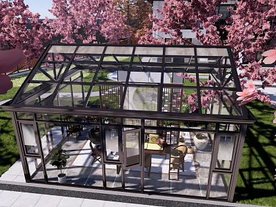 Glass House With Cherry Blossom Trees And Indoor Outdoor Furniture 3d model
