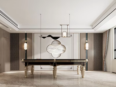 Modern Billiard Room Design With Classic Table Chandelier Marble Floor And Decorative Art 3d model