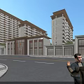 Modern Sales Office Building With Glass Curtain Wall Street Cars And Pedestrians