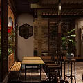 Traditional Chinese Restaurant Interior With Wooden Tables Chairs Flower Decorations And Traditional Decorative Paintings