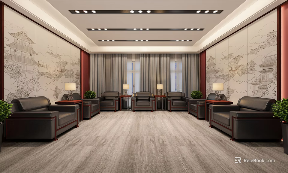 Elegant Traditional Hotel Public Lounge With Dark Leather Sofas Coffee Tables And Landscape Painting Walls 3d model 