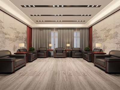 Elegant Traditional Hotel Public Lounge With Dark Leather Sofas Coffee Tables And Landscape Painting Walls 3d model