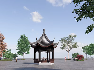 Traditional Chinese Pavilion In Open Square Surrounded By Green Trees And People Walking 3d model