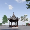 Traditional Chinese Pavilion In Open Square Surrounded By Green Trees And People Walking