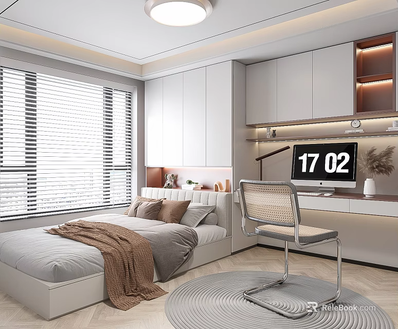 Tatami Bedroom Interior With Tatami Bed White Cabinets Desk Chair And Window Blinds 3d model 
