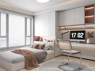 Tatami Bedroom Interior With Tatami Bed White Cabinets Desk Chair And Window Blinds 3d model