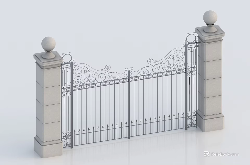 Elegant Wrought Iron Entrance Gate With Stone Pillars And Spherical Tops 3d model 