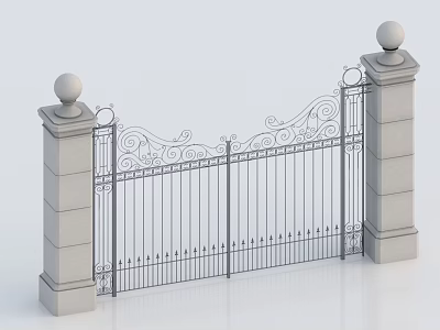 Elegant Wrought Iron Entrance Gate With Stone Pillars And Spherical Tops 3d model