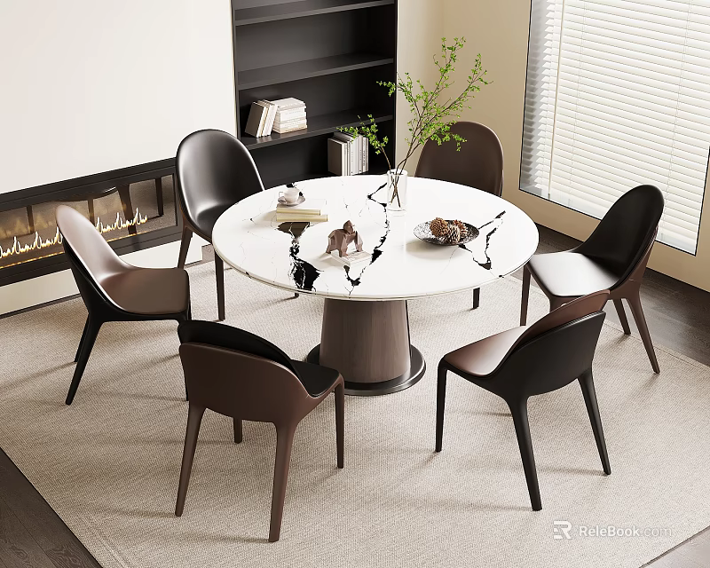 Round Marble Dining Table With Six Modern Chairs In Living Room Featuring Bookshelf And Fireplace 3d model 